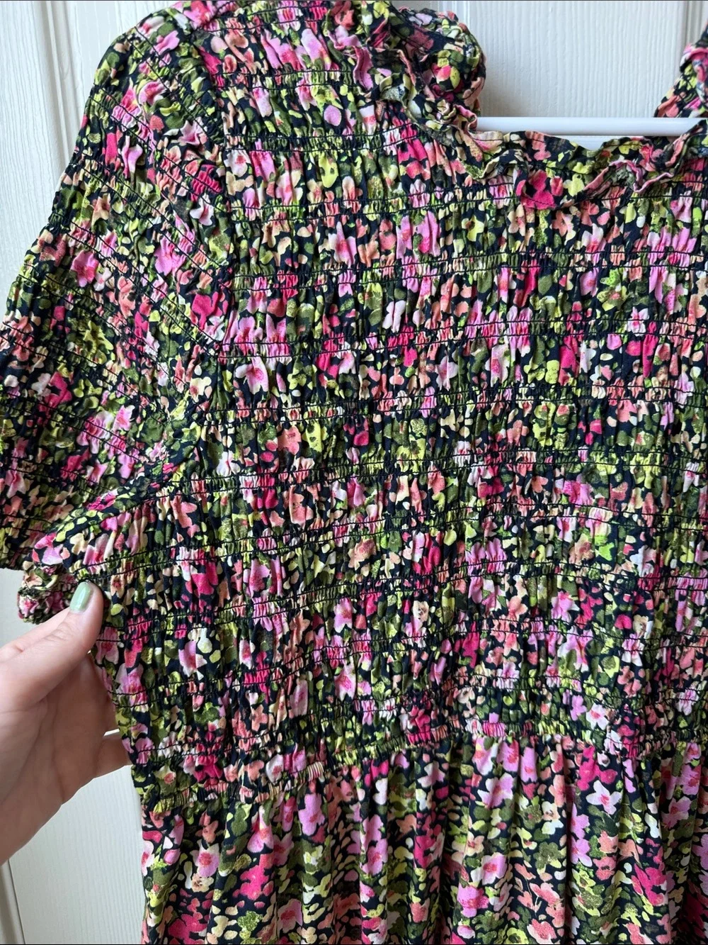Smocked Floral Midi Dress in Pink & Green - Picture 3 of 3